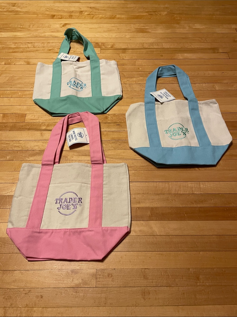 Trader Joe’s Mini Pastel Canvas Tote Bags - Pink, Blue, Green Set of 3 NWT